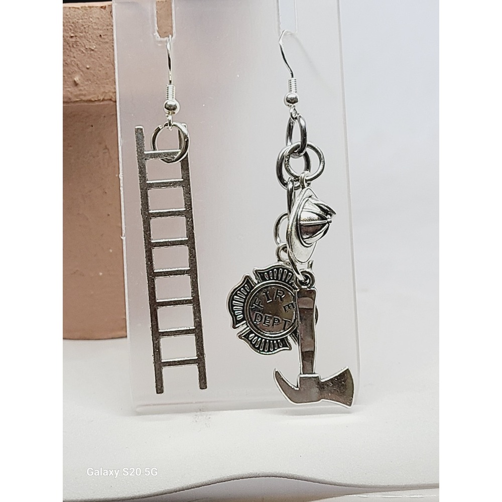 Silver Firefighter Mismatched Dangle Earrings Ladder Axe Helmet Fire Dept Charms
